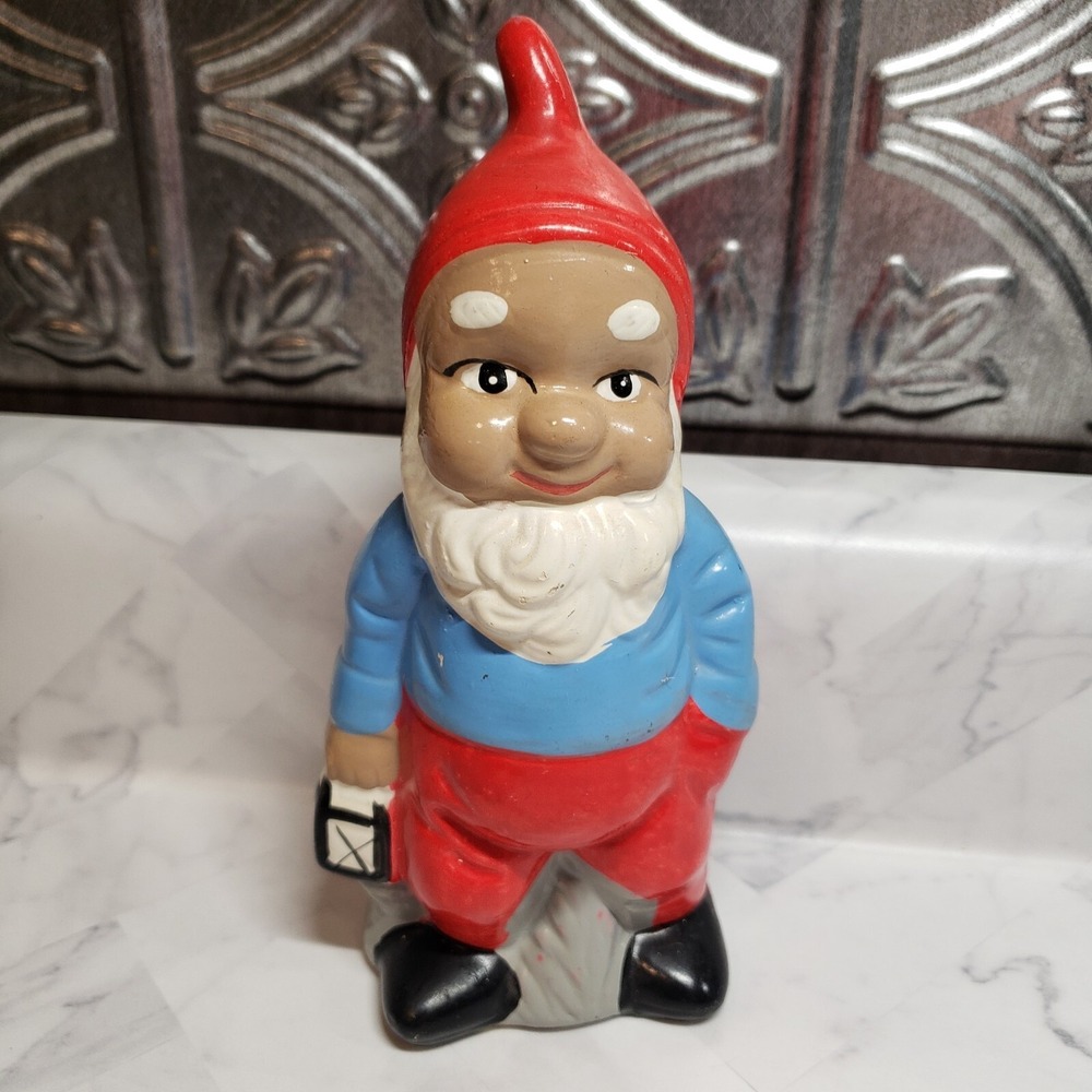 Vintage Garden‎ Gnome Figurine Red Hat Blue Shirt Holding Lantern 7" Decor